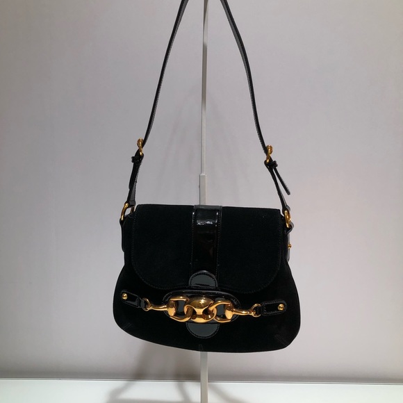 GUCCI Suede Black Handbag with Black Patent Leather Shoulder Strap - Picture 7 of 16